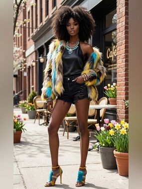 Multicolored Genuine knitted fox fur cropped jacket